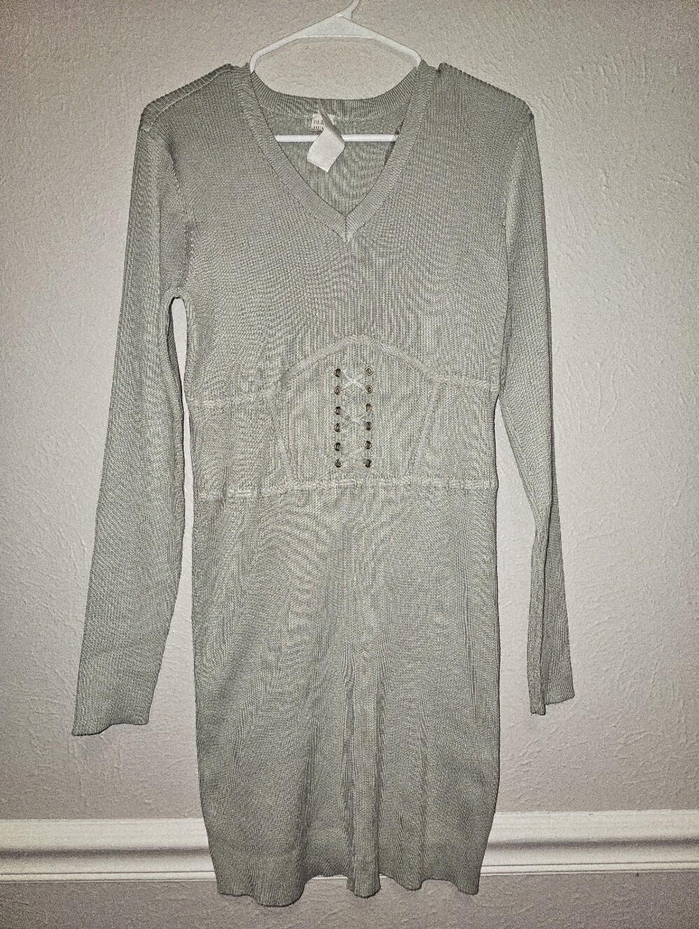 Derek Heart Light Gray V-Neck Lace-Up Knit Sweater Dress